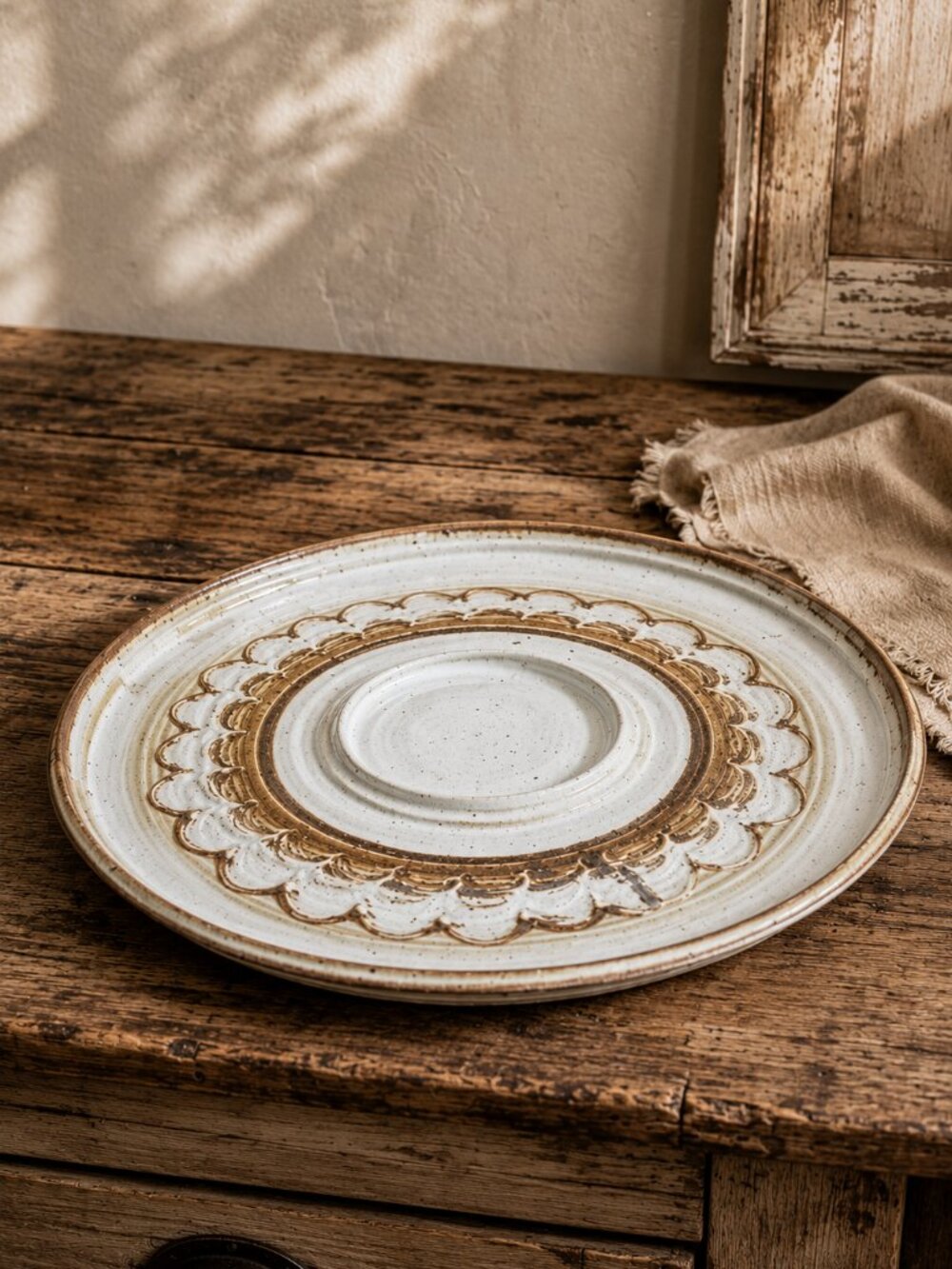 Vintage Signed Studio Pottery Glazed Stoneware Oversized Brown & Cream Platter